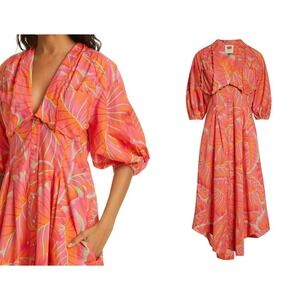 Farm Rio Bright Forest Midi Shirtdress Pink Orange Tropical Leaf Dress Small
